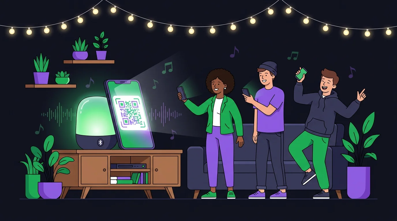 Friends at a party scanning a QR code to queue songs on the host's speaker